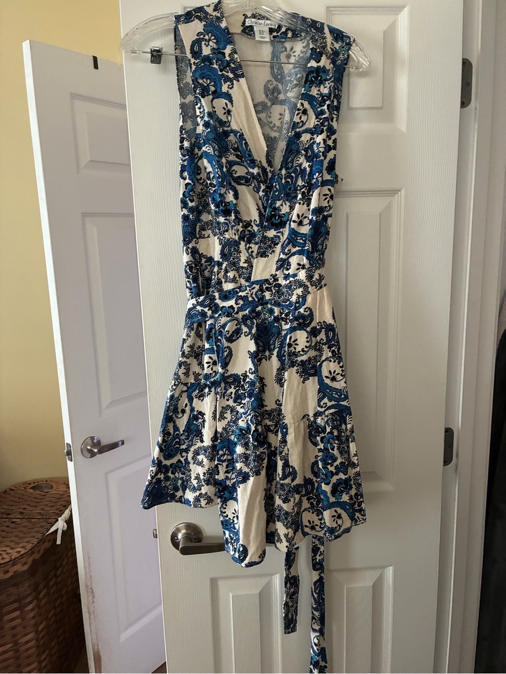 Christian Lacroix Blue and Cream Sleeveless Wrap Mini Dress